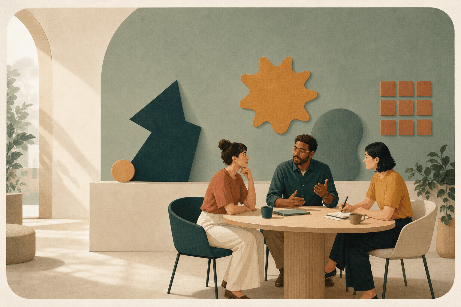 Três profissionais em uma conversa de trabalho com formas abstratas que representam diferentes maneiras de trabalhar.