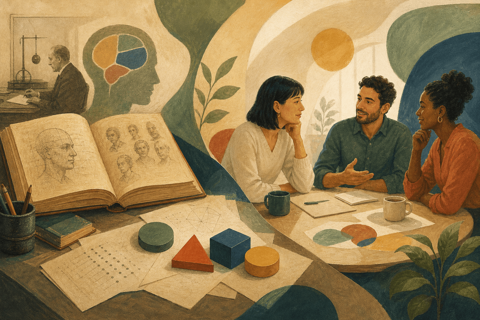 Ilustração editorial que conecta um livro antigo de psicologia, formas abstratas e uma conversa entre colegas de trabalho.