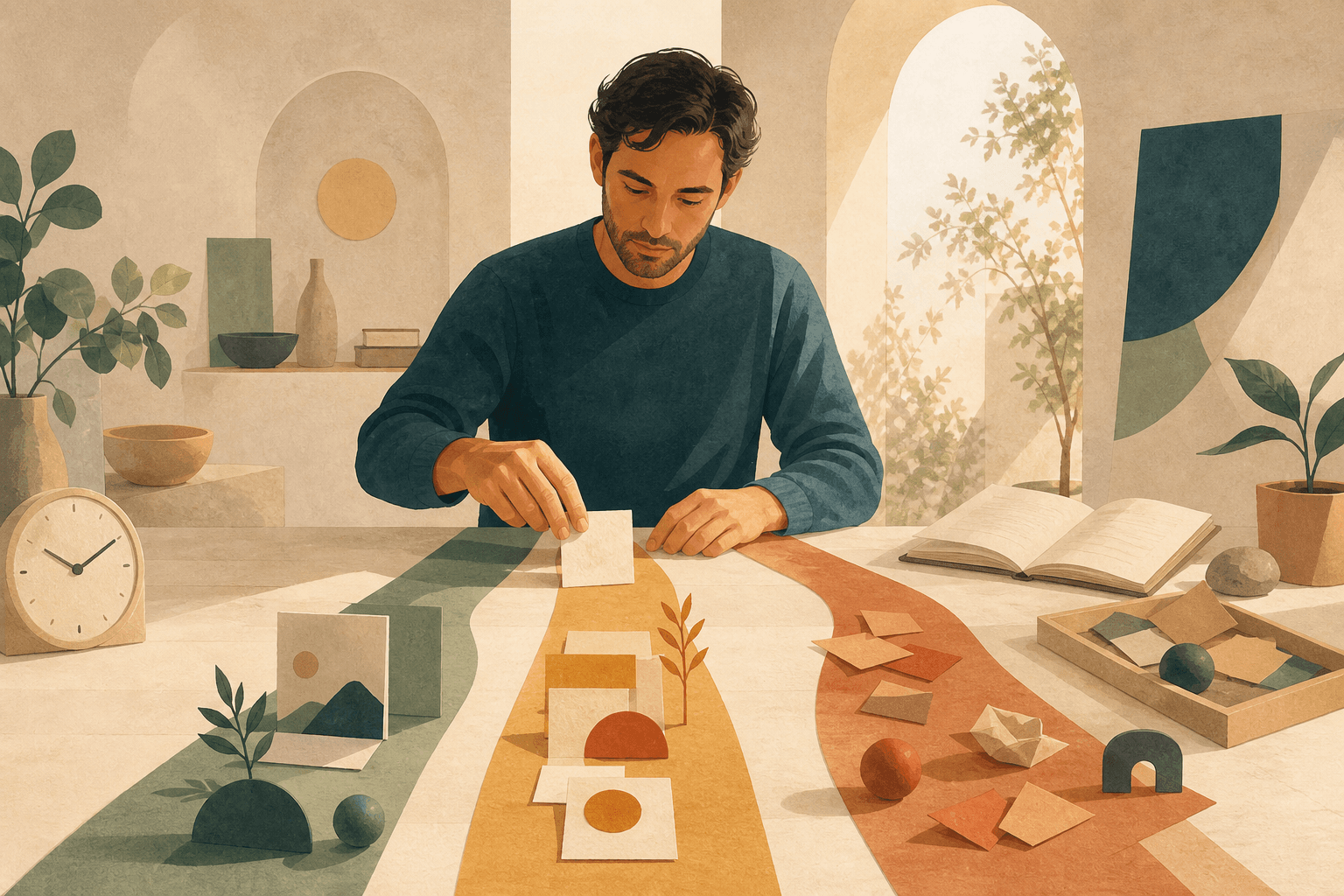 Pessoa organizando caminhos visuais sobre uma mesa, com um relógio ao lado, em uma ilustração editorial.